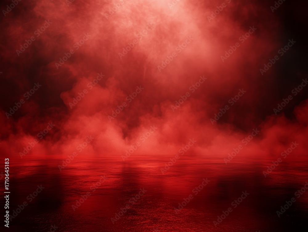 Fototapeta premium Dramatic red fog over mysterious water reflection scene