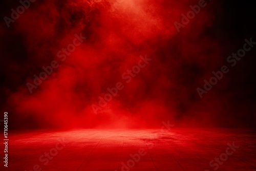 Dramatic red misty atmosphere with eerie smoke over wooden floor