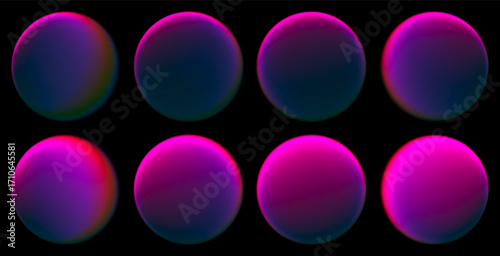 Set of luminous glass spheres glowing with vibrant neon gradients in smooth pink and purple colors for creative digital designs. Colorful spheres set with blurred colors for creative projects. Vector