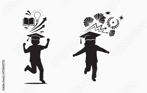 Joyful graduation celebration two students silhouette jumping excitedly with symbols of learning and growth