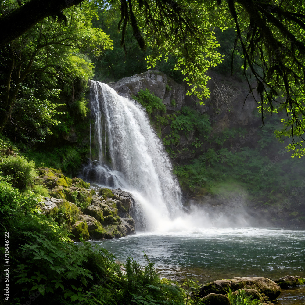 Obraz premium A lush, verdant landscape of waterfalls cascading over rocky cliffs. The surrounding area is densely forested, providing a serene and natural environment.