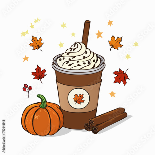 Pumpkin Spice Latte To-Go Cup Vector Illustration with Whipped Cream, Pumpkins, and Autumn Leaves