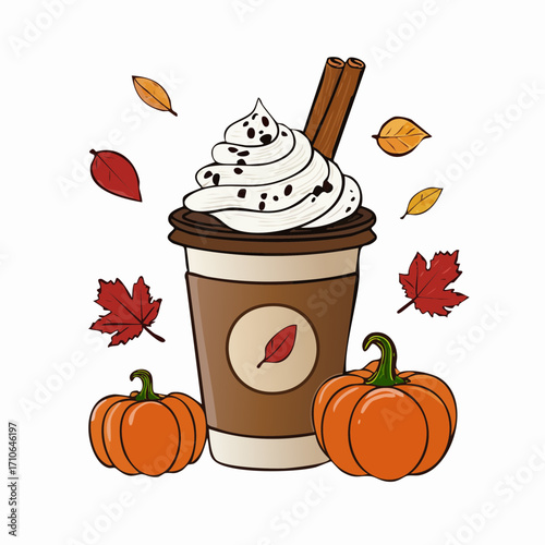 Pumpkin Spice Latte To-Go Cup Vector Illustration with Whipped Cream, Pumpkins, and Autumn Leaves