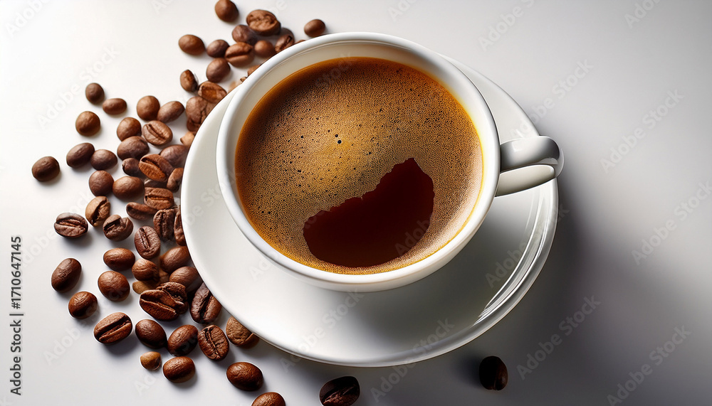 Fototapeta premium The Image Shows A Cup Of Freshly Brewed Coffee With Foam Accompanied By Scattered Coffee Beans On A Light Background The Scene Evokes A Sense Of Coziness And Freshness
