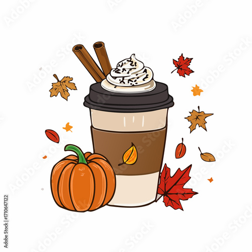 Pumpkin Spice Latte To-Go Cup Vector Illustration with Whipped Cream, Pumpkins, and Autumn Leaves