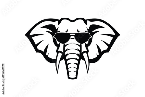 Cool elephant wears sunglasses as black head faces forward on white