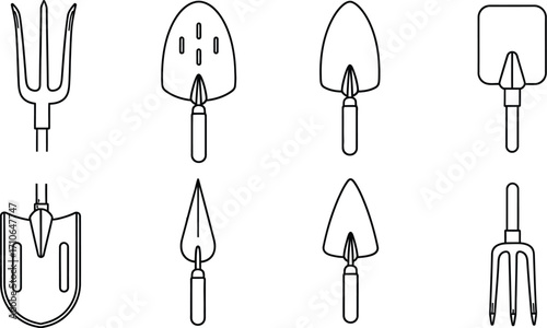 Gardening tools vector outline set garden equipment illustration