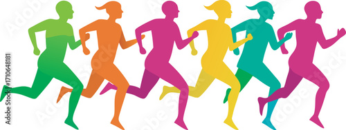 Vibrant illustration of eight diverse runners in motion