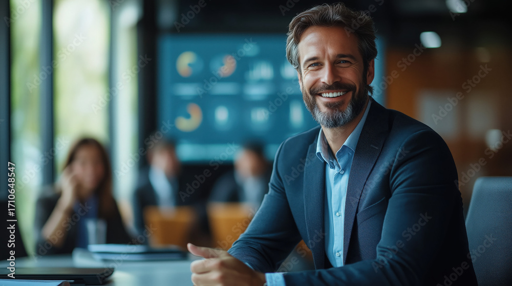 Fototapeta premium Smiling businessman presenting data on screen to colleagues in conference room