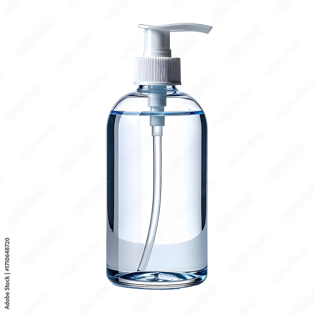 Fototapeta premium Clear plastic pump bottle filled with liquid, white pump top