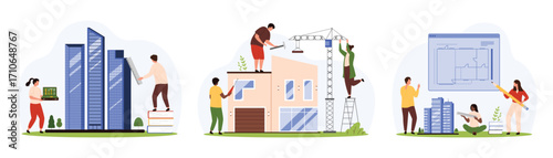 Architects plan to build house set. Tiny people develop city architecture and design, engineers work with paper blueprint project and building models, construction crane cartoon vector illustration