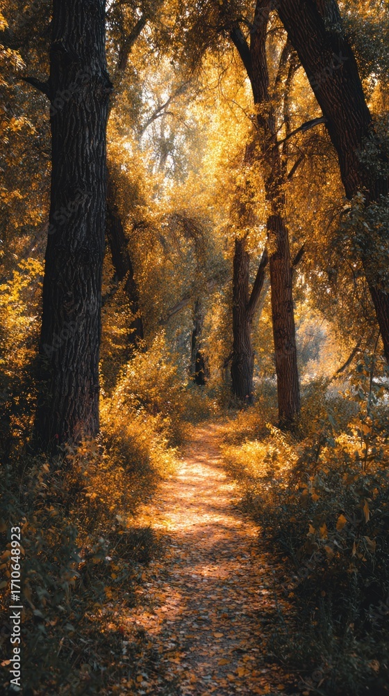 Fototapeta premium Autumnal forest path sunlight