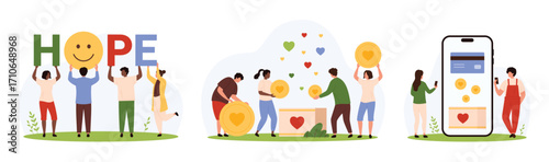 Charity campaign, donation, humanitarian aid from community set. Tiny people donate love and share help, give money coins with mobile app, volunteers with Hope word cartoon vector illustration