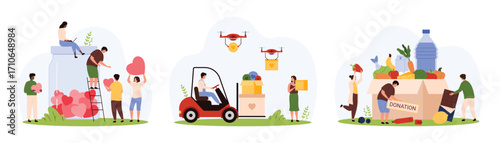 Charity, donations service and delivery of humanitarian aid set. Tiny people donate hearts in jar, volunteers share love gifts and deliver box with grocery food products cartoon vector illustration