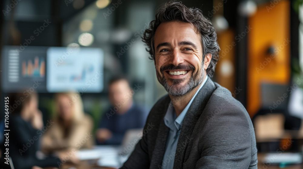 Obraz premium Smiling businessman presenting data on screen to colleagues in conference room