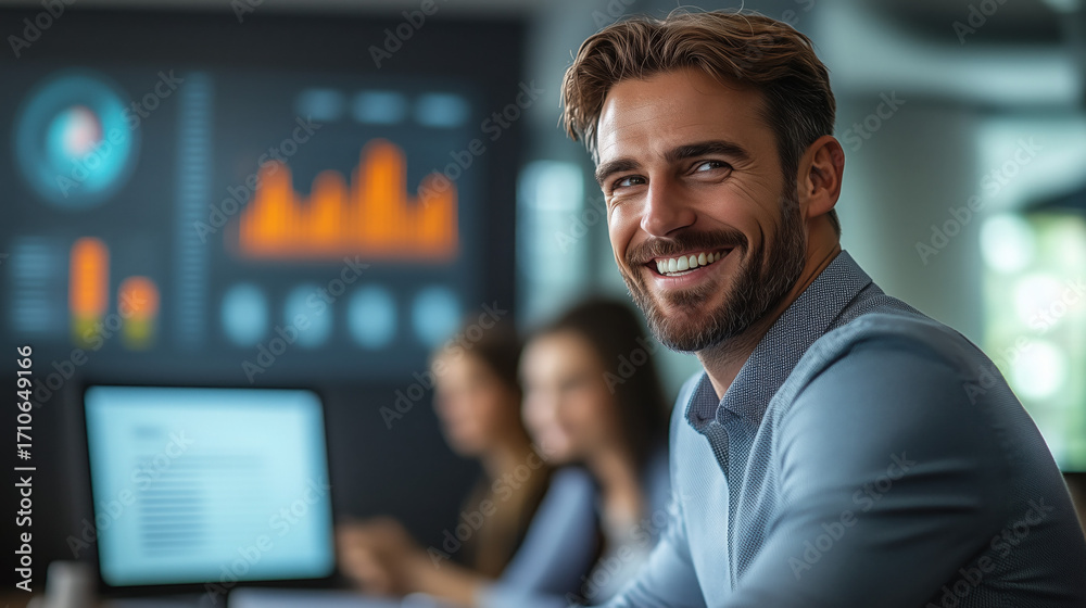 Fototapeta premium Smiling businessman presenting data on screen to colleagues in conference room