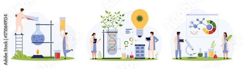 Laboratory research in chemistry and genetics, biotechnology set. Tiny people growing plant in test tube with DNA, scientific experiment with chemical liquid in beaker cartoon vector illustration