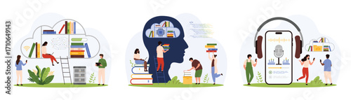 Digital library service, AI learning technology set. Tiny people work with files storage inside human head, training online with books on cloud shelf and audiobook cartoon vector illustration