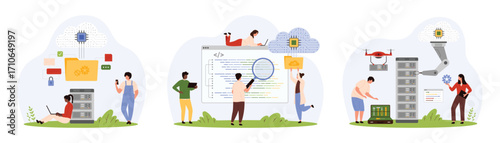 Cloud and digital data storage, programming software code, tech innovation set. Tiny people work with robot arm to repair server and internet connection, develop program cartoon vector illustration
