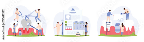 Dentistry, surgery and treatment set. Tiny people remove rotten tooth with caries, put implant in gum, work with schedule reminder for dental appointment in clinic cartoon vector illustration