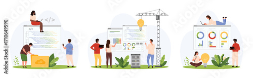 Coding solution set, mobile applications and software code development. Tiny people develop program and apps with light bulb ideas, programmers work with data in folder cartoon vector illustration