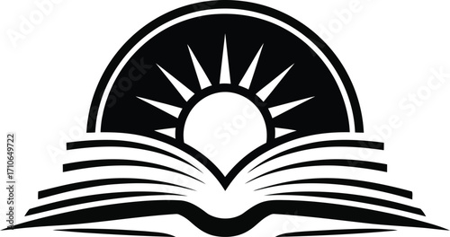 Open Book with Sunrise Symbolising Knowledge and Growth. A stylized logo featuring an open book with a vibrant sunrise design within.
