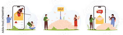 Email spam overload, phishing attack set. Tiny people drowning in letters and mailbox messages with Help sign, scam warning and fishing threat of money theft by criminal cartoon vector illustration