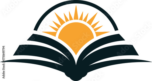 Open Book with Sunrise Symbolising Knowledge and Growth. A stylized logo featuring an open book with a vibrant sunrise design within.