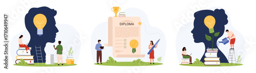 Brain development and training set. Tiny people grow light bulb inside silhouette of human head, develop cognitive skill and knowledge of student, award diploma to graduate cartoon vector illustration