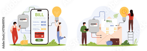 Payment for electricity via mobile app, notifications by mail set. Tiny people pay for energy bill with credit card on phone screen, hold light bulb, check price in letter cartoon vector illustration