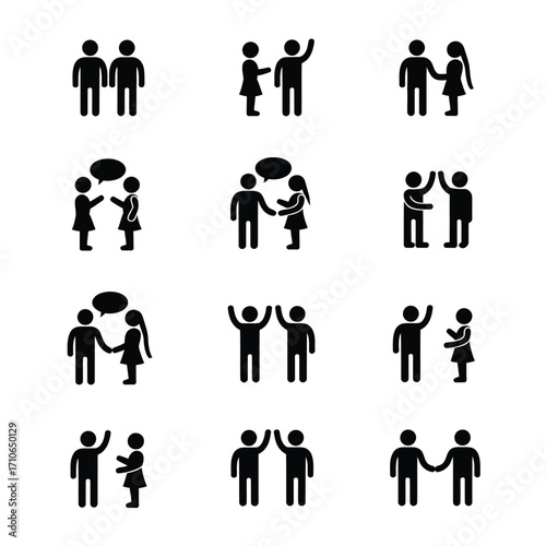 Group of people silhouettes simple relationships icon set