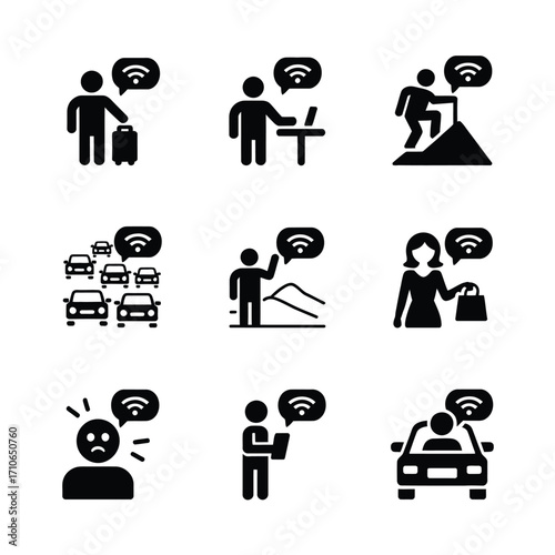 Wifi connectivity in various scenarios icon set