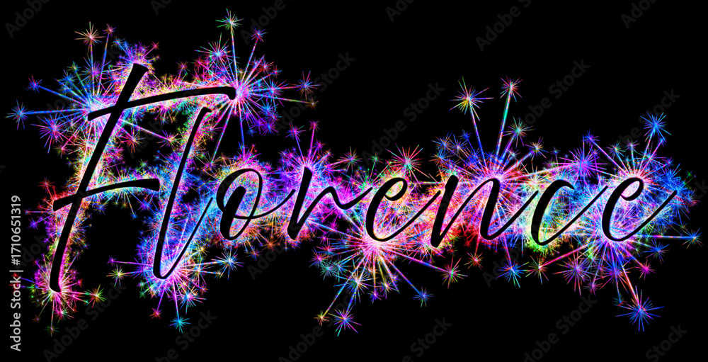 Obraz premium Kolorowe zimne ognie i fajerwerki układające się w kształt nazwy miasta Florencja we Włoszech.