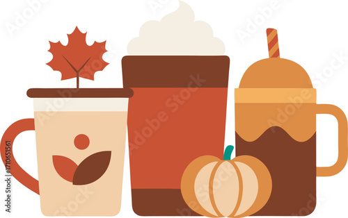 Whimsical autumnal illustration with eight elements
