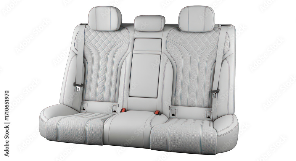 Naklejka premium Luxurious White Leather Car Rear Seat with Diamond Stitching and Headrests.