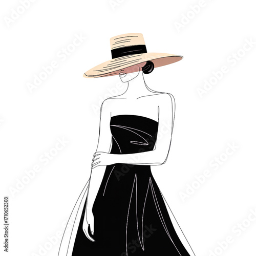 Elegant fashion illustration of a woman wearing a wide brimmed straw hat and a black strapless dress isolated on white background