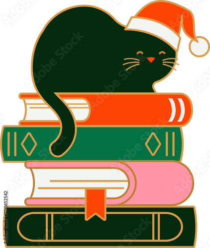 Stack of books with black cat Christmas illustration