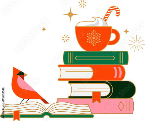 Stack of books, hot chocolate cup and cardinal bird Christmas illustration