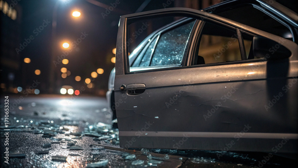 Fototapeta premium Crumpled car door with shattered glass reflecting streetlight, damaged vehicle at night conveying tension and urgency