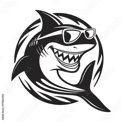 Cool shark wearing sunglasses smiles widely within circular stylized wave pattern in black and white