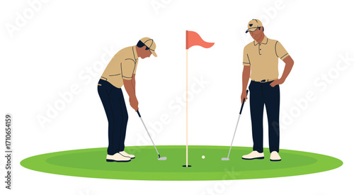 Golfers, Putt, Vector, Two, Players, Preparing, Hit, Golf, Ball, Putting, Green, Flat, Sports, Illustration, Tournaments, Posters, Club, Logos, Recreation, Designs, Game, Play, Athletic, Competition, 