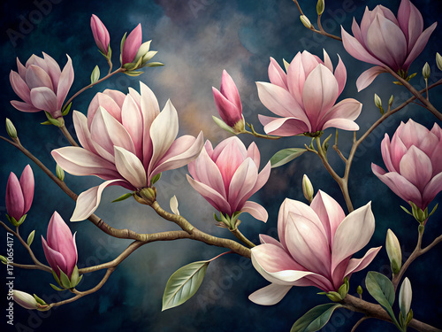 Magnolia Wallpaper with Blooming Pink Flowers on Dark Elegant Background