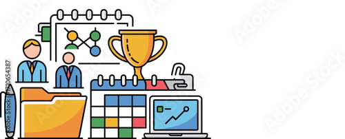 Line Art Business Management Icons with Office Accessories