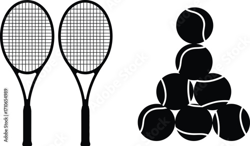 Tennis rackets and balls equipment for tennis sport vector art