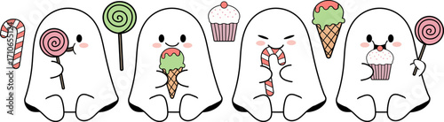 isolated  vector set cute kawaii ghosts and sweets for halloween web design creative projects