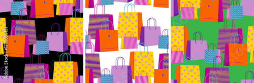bright vector shopping bag pattern set for consumerism and retail advertising promotions on different colored backgrounds