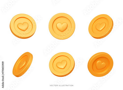3D Gold coin set at different rotation angles. Creative design icon for game and animation isolated on white background. All rotation view. Realistic coin with heart. 3D Vector Illustration