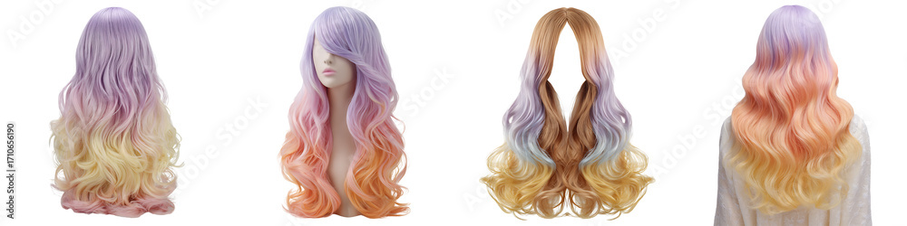 Naklejka premium Set of Multi-Colored Ombre Hair Wigs, isolated on a transparent background.