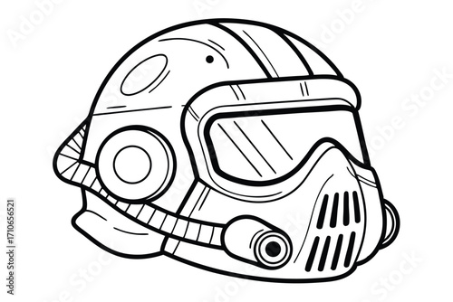 Dark pilot head silhouette with futuristic military helmet and gas mask evokes space battles