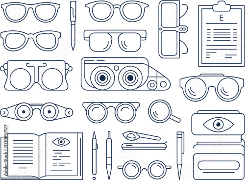 Line Art Vision Care Solid Icons with Optometry Elements 